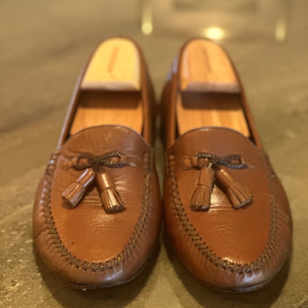 Men's Moreschi Brown Leather Slip Ons with Tassels Size 9.5, Medium